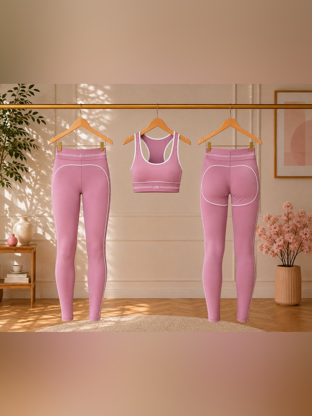 ALO Yoga Pink Sports Bra with White Piping